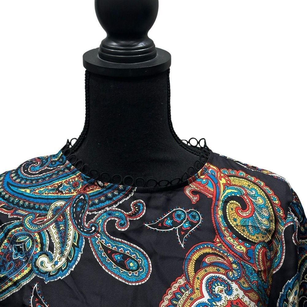 J.Crew 100% Silk Women's Size 6 Twill Top In Bold Paisley Print Black NWT - Picture 2 of 13
